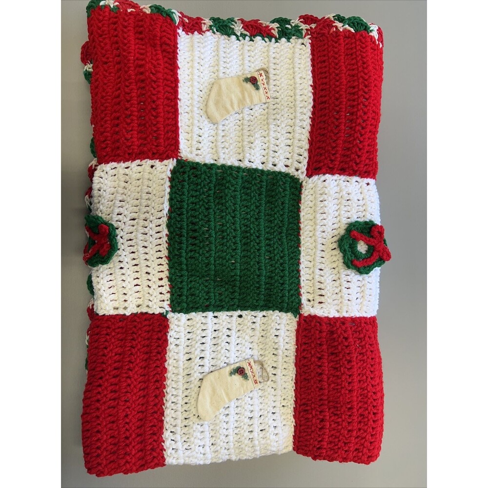 Homemade Christmas Crocheted Blanket Red Green White Stockings Wreaths Holidays